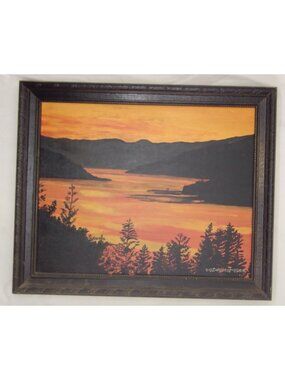 Signed Virginia Cameron Sunset Lake Landscape Original Painting Framed Art